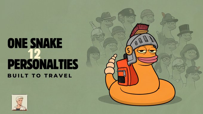 The image showcases the "Slippy Club" NFT project with bold text reading "ONE SNAKE, 12 PERSONALITIES, BUILT TO TRAVEL," featuring a central cartoon snake character in a knight's helmet and red backpack, surrounded by faded silhouettes of the same snake in various hats and accessories representing its 12 different personalities.