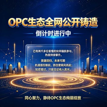 A promotional graphic with Chinese text 'OPC生态全网公开铸造' and '倒计时进行中' features a countdown message against a futuristic cityscape backdrop with glowing digital effects.
