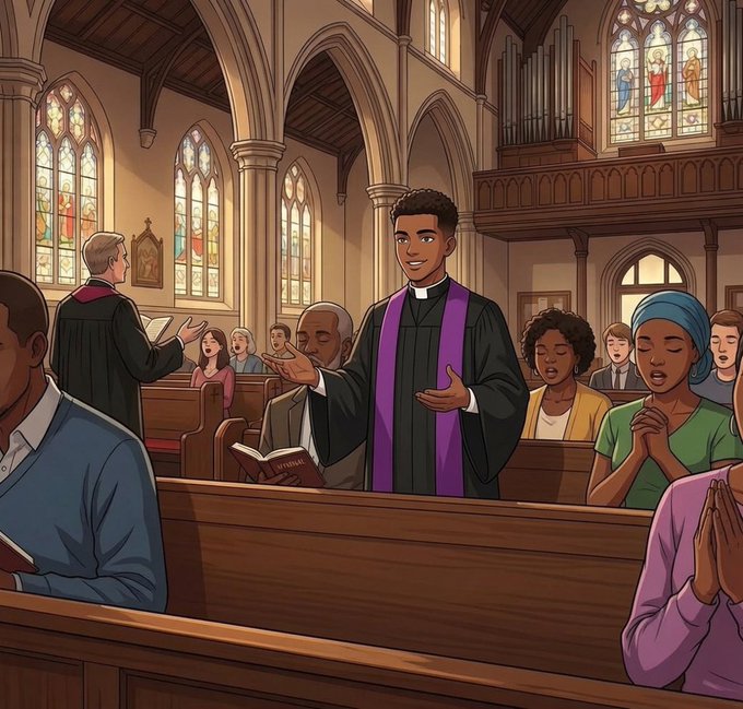 A young clergyman in a purple stole leads a diverse congregation in prayer inside a sunlit church adorned with stained glass windows.

The image's serene depiction of worship and community ties directly to the post's hopeful Sunday greeting, while the purple stole—traditionally worn during seasons of reflection like Advent or Lent—adds a contemplative touch that pairs well with the celebratory wish for "Ws" (wins) in the week ahead.