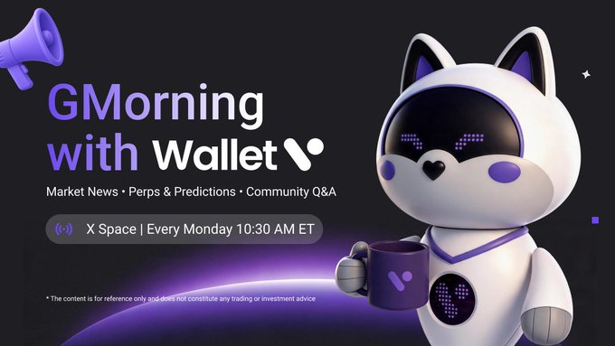 A promotional graphic for "GMorning with Wallet" featuring a purple and white cat-like robot mascot holding a branded mug, advertising an X Space event held every Monday at 10:30 AM ET covering market news, perps & predictions, and community Q&A. The post extends the invite to the August 17 session, teasing additional details about a trading competition.
