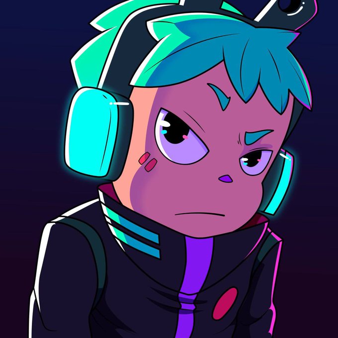 An animated illustration of a character with teal hair, cyan headphones, and an annoyed expression, wearing a dark jacket with cyan accents.