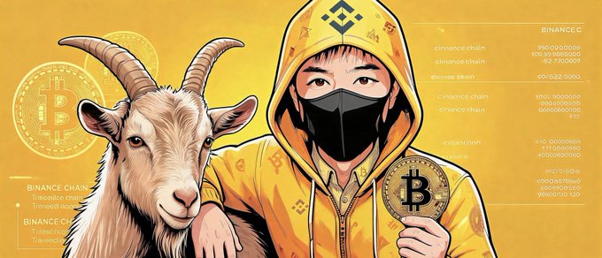 A hooded figure in a yellow Binance hoodie and black mask holds a Bitcoin, standing beside a goat, with on-chain transaction data and "BINANCE CHAIN" text displayed on the right—visually capturing the chaotic, meme-driven crypto trading frenzy described in the post.