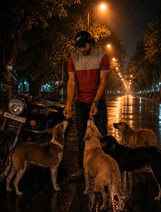A man feeds stray dogs on a rain-soaked street at night beside a Royal Enfield motorcycle, its plate reading “WB01AP0159.” The quiet, compassionate scene reflects the post’s message of ending the day with patience, consistency, and focus on meaningful long-term progress.