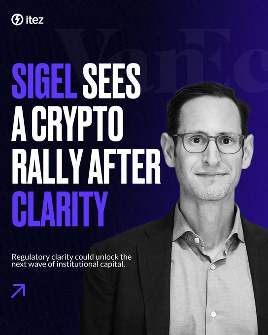 A purple promotional graphic from "itez" featuring a photo of a man in glasses, with the headline "SIGEL SEES A CRYPTO RALLY AFTER CLARITY" and the subtext "Regulatory clarity could unlock the next wave of institutional capital."
