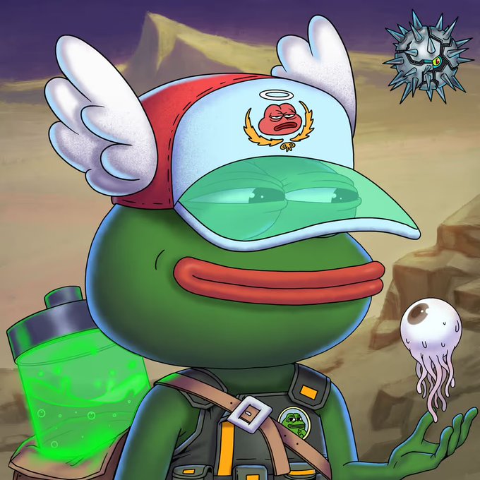 A cartoon illustration of a green frog-like character wearing a winged helmet with a flame emblem, carrying a glowing green jar and an eyeball creature