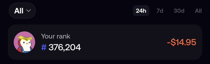 A dark UI screenshot displays 'Your rank #376,204' with a loss of '-$14.95,' alongside time filter options of 24h, 7d, 30d, and All.