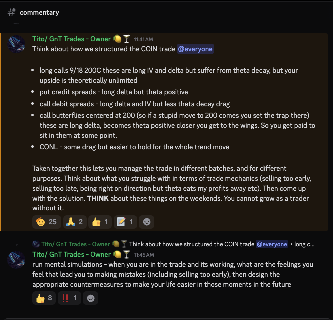 Screenshot of a Discord message from "Tito/ GnT Trades" outlining the structure of a $COIN options trade using long calls, put credit spreads, call debit spreads, call butterflies, and calls, emphasizing mental preparation to avoid mistakes like selling too early.