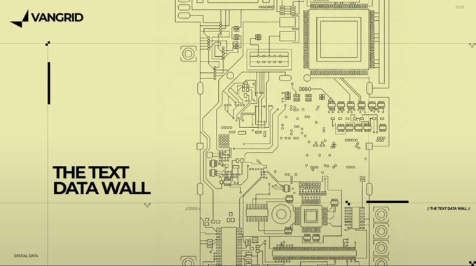 A yellow-tinted graphic design features a circuit board pattern with text reading 'VANGRID', 'THE TEXT DATA WALL', and '// THE TEXT DATA WALL //'.