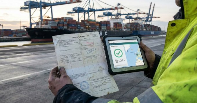 A worker in a high-visibility jacket holds a paper "BILL OF LADING" in one hand and a tablet displaying the "IOTA" logo and a green checkmark in the other, with a container ship and port cranes visible in the background. The image illustrates IOTA's decade-long effort to digitize global trade by replacing traditional paper shipping documents with blockchain-based verification, a key step in modernizing the $33 trillion global trade market.