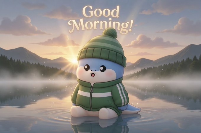 The image features a cute cartoon penguin sitting in water surrounded by mountains. The text "Good morning!" is written above the penguin, indicating that it's a good morning. The post also mentions an Eid Mubarak, which could be related to the penguin or simply a celebration of the occasion. The overall theme seems to be about appreciating the beauty and wonder of nature while sharing positive messages with others.