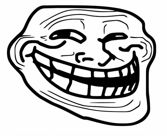 A black and white line drawing of the classic 'Trollface' meme, a stylized grinning face with squinted eyes and a wide, toothy smile.