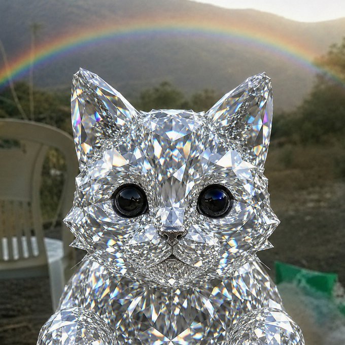A diamond-textured cat statue with large black eyes stands in front of a rainbow arching over mountains.