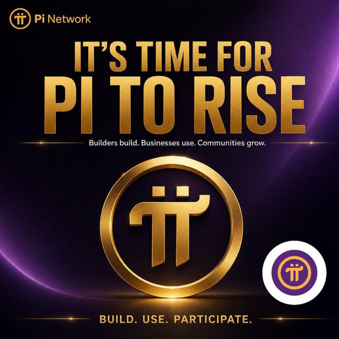 A promotional graphic for Pi Network features the text "IT'S TIME FOR PI TO RISE" in large gold lettering, with the tagline "Builders build. Businesses use. Communities grow." and the Pi logo displayed prominently on a dark purple background.