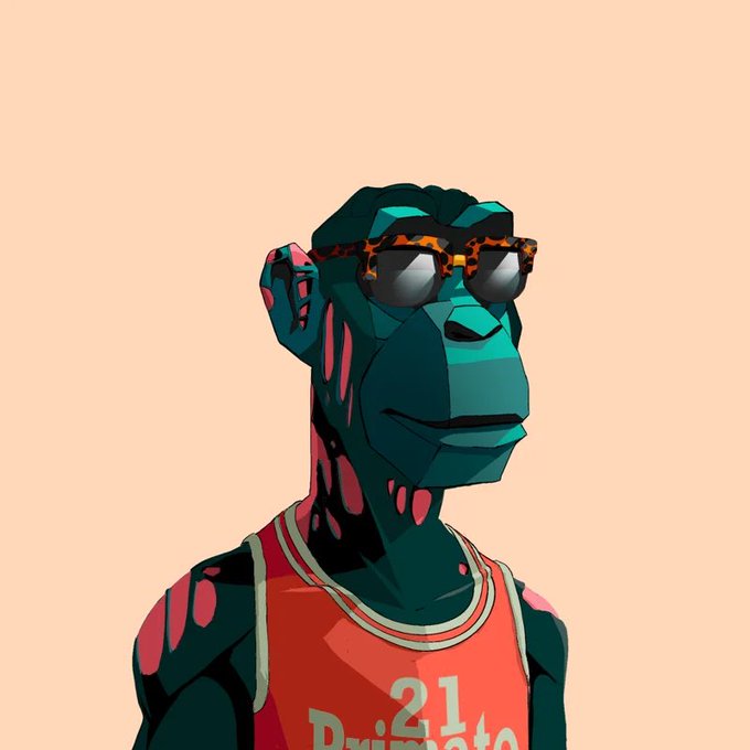 A digital art illustration of a teal-skinned monkey character wearing sunglasses and a red basketball jersey with '21' visible.