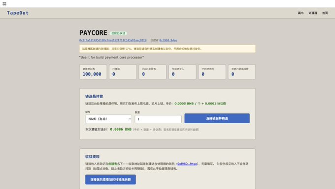 A screenshot of a web interface titled 'PAYCORE' showing payment processing details, amounts of '100,000' and '0.0001 BNB', and Chinese text describing a payment core processor.