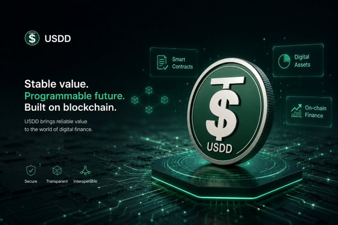 A dark green digital advertisement for 'USDD' featuring a 3D coin with a dollar sign, accompanied by the text 'Stable value. Programmable future. Built on blockchain.' and icons for 'Smart Contracts', 'Digital Assets', and 'On-chain Finance'.