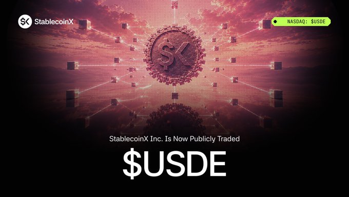StablecoinX Inc. ($USDE) launches its public Nasdaq listing, featuring a striking visual of a coin with a dollar sign connected to a network of nodes against a red sky backdrop. The announcement highlights the company's official entry into the public market under the ticker symbol USDE.