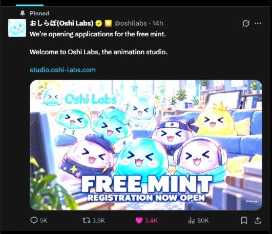 A pinned tweet from @oshilabs announcing the reopening of free mint applications for the Oshi Labs animation studio, featuring a colorful illustration of various Oshi NFTs and the URL studio.oshi-labs.com.