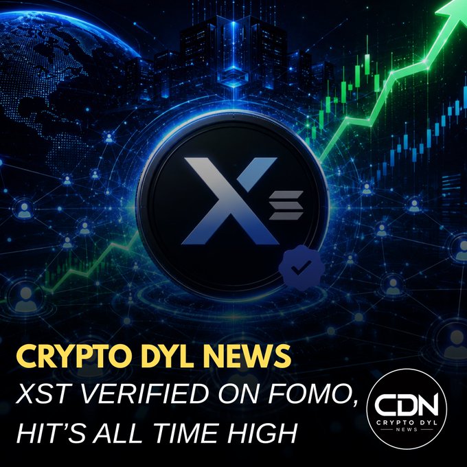 A digital graphic from "Crypto DYL News" features a glowing blue "X=" logo coin centered against a backdrop of networked nodes, a city skyline, and green candlestick charts trending upward. Bold yellow and white text reads "CRYPTO DYL NEWS — XST VERIFIED ON FOMO, HIT'S ALL TIME HIGH," visually promoting the accompanying announcement that the XST token achieved a record high following its verification on the FOMO app.