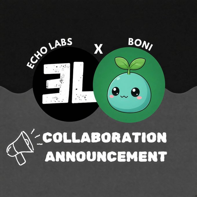 A collaboration announcement graphic features logos for 'ECHO LABS' (with stylized 'EL' text) and 'BONI' (a cute blue character with green leaves), separated by an 'X' on a black and gray background.