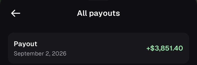 The image shows a mobile app screen titled "All payouts" displaying a single payout entry dated September 2, 2026, for +$3,851.40 in green text. This visually supports the post's claim of earning $3,850 in free cash, serving as proof-of-earnings from the PumpFun app.