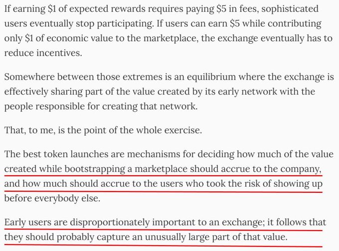 A screenshot of text discussing token launch equilibrium, with two key sentences underlined in red: one defining token launches as mechanisms for splitting value between companies and early users, and another emphasizing that early users should capture an unusually large share of value—key points from the QFEX founder's playbook on tokenomics shared in the post.