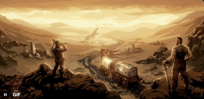 A stylized illustration showing two figures overlooking a caravan of covered wagons traveling through a desert landscape, with a winding trail of figures in the distance under a hazy sky.