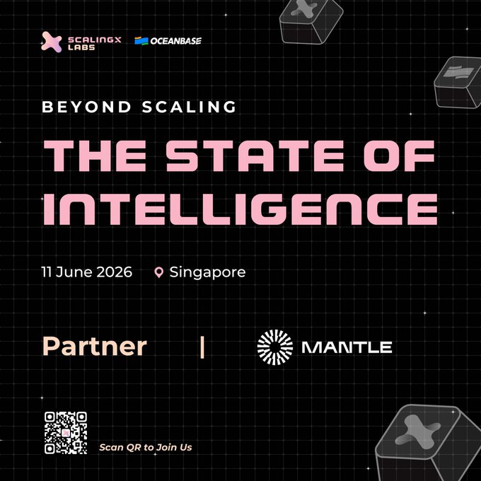 The image features a poster with a black background and white text that reads "Beyond Scaling The State of Intelligence". Below this title, there are three logos representing different companies: Mantle, @MantleOfficial, and @Oceanbase. These logos indicate that the event is focused on the intersection of technology and intelligence, and it aims to bring together partners like M mantle and @MantleOfficial for collaboration in advancing AI-native applications.