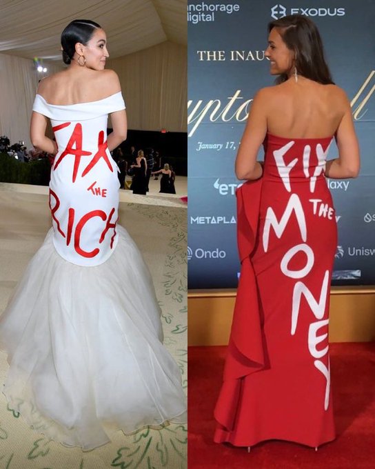 Two women pose from behind wearing statement gowns with bold hand-painted text: a white off-shoulder mermaid dress reading 'TAX THE RICH' (with 'AOC' branding) at the Met Gala, and a red strapless gown reading 'FIX THE MONEY' at an inauguration event with visible sponsor logos including 'anchorage digital' and 'EXODUS'.