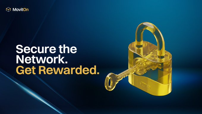 A promotional graphic for 'MovitOn' displaying a golden padlock and key with the tagline 'Secure the Network. Get Rewarded.' against a dark blue background.