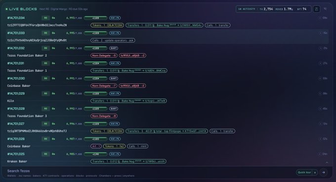 A screenshot of a blockchain explorer interface labeled 'LIVE BLOCKS' shows recent transactions on the Near Protocol (NEAR) blockchain, with an active search for 'Tezos' and various transaction types visible.
