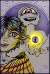 An artistic illustration of a pale character with purple hair, large eyes, and butterfly wings, set against a purple background with surreal elements.