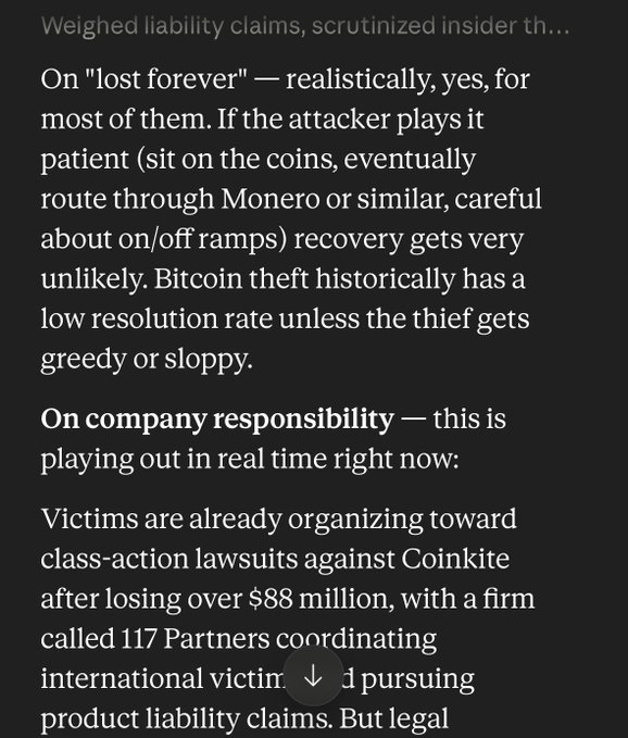 A screenshot of text discussing lost Bitcoin coins, company responsibility, and victims organizing class-action lawsuits against Coinkite after losing over $88 million, with 117 Partners coordinating international victims.