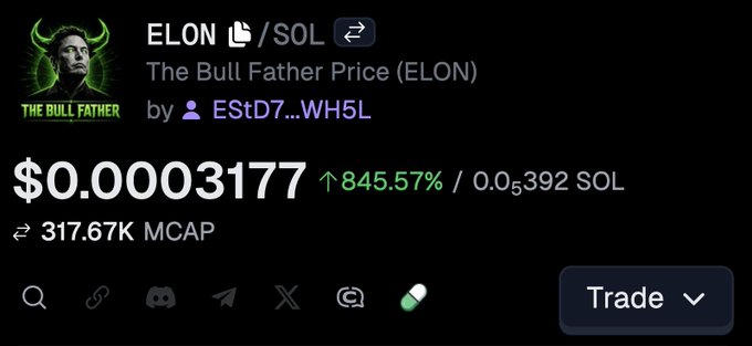 A cryptocurrency listing shows "ELON / SOL" titled "The Bull Father Price (ELON)" with a current value of $0.0003177, up 845.57%, paired with 0.05392 SOL, and a market cap of 317.67K. The image illustrates the trending $ELON meme coin referenced in the post as a parody of ANSEM's "The Black Bull."