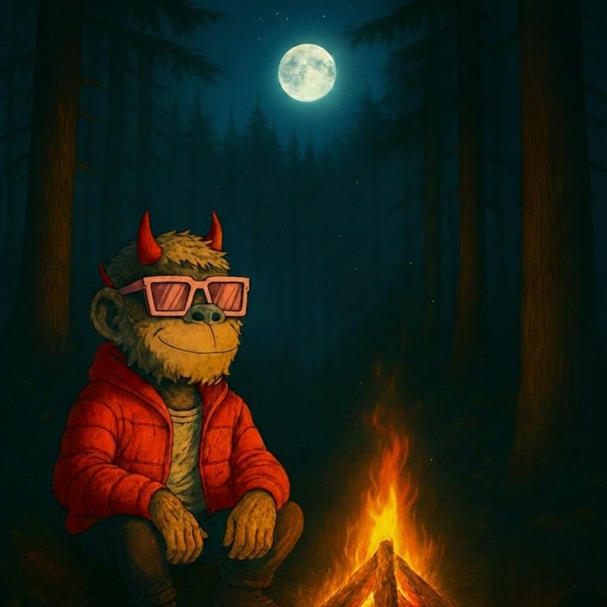 A whimsical illustration of a horned, furry creature wearing pink sunglasses and a red puffer jacket, sitting in a dark forest with a full moon overhead and a campfire burning beside it.