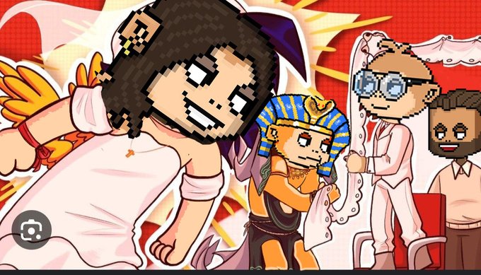 A pixel-art style illustration featuring characters in Egyptian and wedding attire, including one with a pharaoh headdress and another in a pink suit.