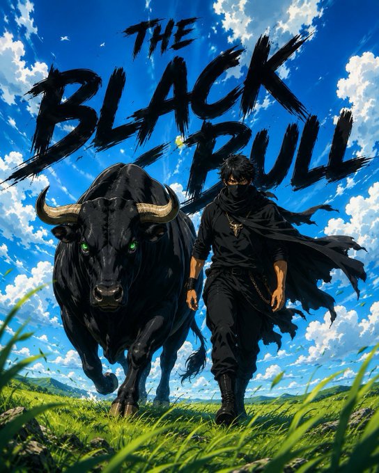 Anime-style illustration titled 'THE BLACK BULL' showing a dark-cloaked figure walking alongside a large black bull with glowing green eyes across a grassy field under a blue cloudy sky.
