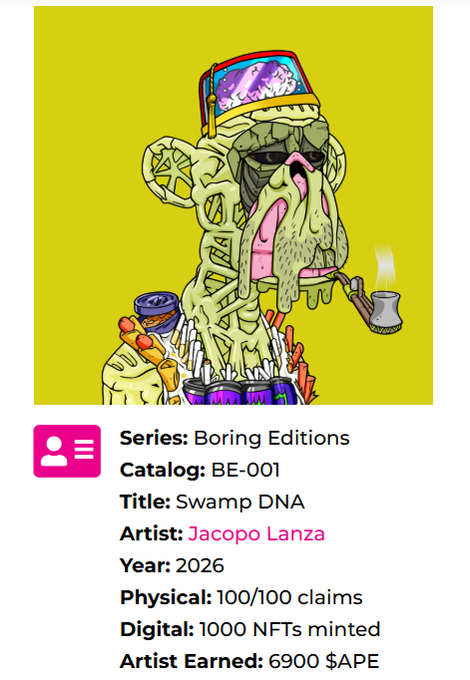 An NFT artwork titled 'Swamp DNA' from the 'Boring Editions' series (Catalog: BE-001) by artist Jacopo Lanza, created in 2026, depicting a surreal green reptilian creature smoking a pipe, with 100/100 physical claims and 1000 NFTs minted, earning 6900 $APE.