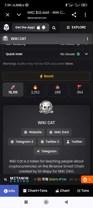 A screenshot of the DexScreener page for the WIKI CAT ($WKC) token on the BSC chain, showing a market cap of $33.46M alongside key metrics like 15,110 holders, 2,252 buys, 288 sells, and 364 flags, along with links to the project's Telegram, Twitter, and website. The image relates to the dexscreener.com/bsc/0x933477eb URL by displaying the token's live trading analytics and community engagement data on that platform.