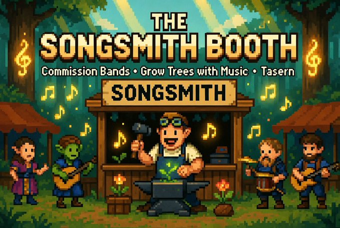 Pixel art illustration titled 'THE SONGSMITH BOOTH' with tagline 'Commission Bands • Grow Trees with Music • Tasern', depicting a blacksmith/songsmith figure with musicians in a forest setting.
