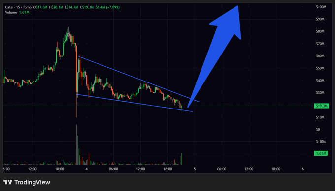 A TradingView 15-minute chart of the $CATE/Gate.io pair shows a descending wedge pattern (highlighted in blue) with a large blue arrow indicating a projected bullish breakout, aligning with the post's optimistic outlook for $CATE holders citing a favorable risk/reward setup at the $19.38 level.