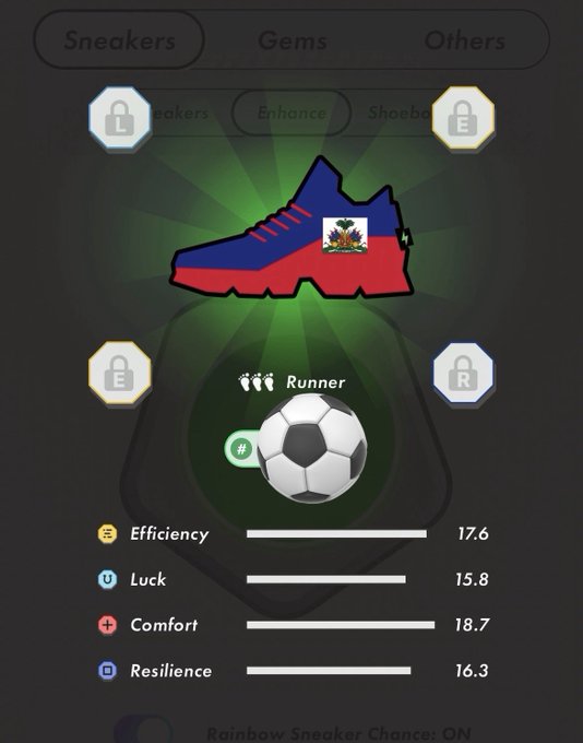 The image shows a soccer ball with the word "runner" written on it, along with a pair of sneakers featuring the colors of the Bahamas. The sneakers are displayed against a black background, making them stand out prominently. The caption below the image reads "ハイチでたよ 今日は台風の出来損ないが沖にいて風強い割と忙しいから2エナのみ #STEPN". This suggests that the sneakers are designed for a specific purpose, possibly related to running or sports activities.