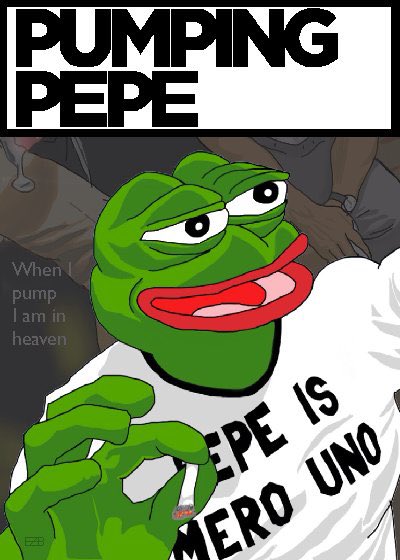 Image 3: A 'Pumping Pepe' meme featuring the green frog wearing a shirt that reads "PEPE IS NUMERO UNO" with text saying "When I pump I am in heaven."