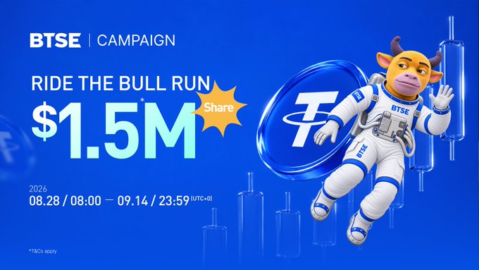 BTSE campaign advertisement promoting 'Ride the Bull Run' with a $1.5M prize pool, running from 08.28 to 09.14, featuring a bull mascot in a space suit holding a BTSE token.