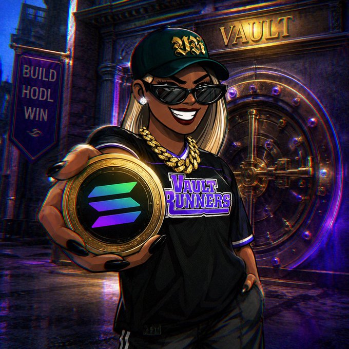 An illustrated promotional image for 'Vault Runners' showing a stylish woman in sunglasses and cap holding a Solana coin, standing in front of a bank vault door with a 'BUILD HODL WIN' banner.