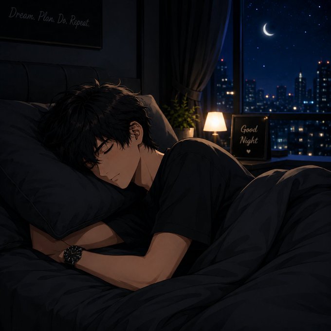 An anime-style illustration of a young man with dark hair sleeping peacefully in bed, with a 'Dream. Plan. Do. Repeat.' sign on the wall and a 'Good Night' frame visible against a nighttime city skyline with a crescent moon.