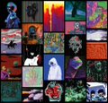 A dark grid or collage featuring multiple small, colorful images and portraits arranged in rows.