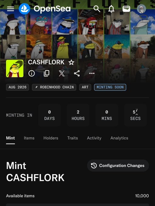 Screenshot of the OpenSea NFT marketplace showing a collection called CASHFLORK on the Robinhood Chain, set to mint in 0 days, 2 hours, with 10,000 available items.