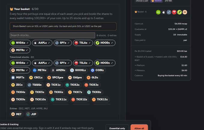 A screenshot of a "Stock Basket" feature on Ember showing a 6/30 basket configuration containing NVDAx, AAPLx, SPYx, TSLAx, HOODx, and MSTRx as tokenized stocks, with the basket opening at $4,000 mcap, a $14.40 distribution per $1,000 traded for holders with 100,000+ tokens, and a 2% tax applied every 60 minutes.