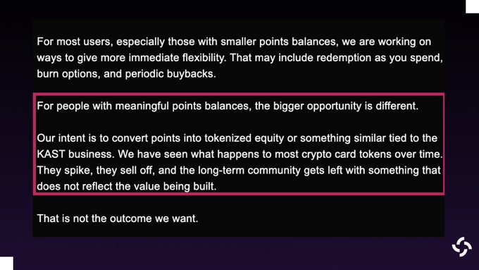 A screenshot of an email from KAST outlining plans to convert user points into tokenized equity tied to the KAST business on Solana, cautioning against the pitfalls seen with other crypto card tokens. The text highlights KAST's commitment to preserving long-term value for its community rather than letting points "spike and sell off."